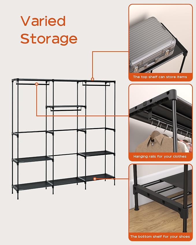 CASAMAYA Clothes Rack, Portable Closet, 81.1 Inch Large Capacity Wardrobe Closet, Clothes Storage Organizer with Shelves and 3 Hanging Rods, Easy to Assembly, Black PCT033B01
