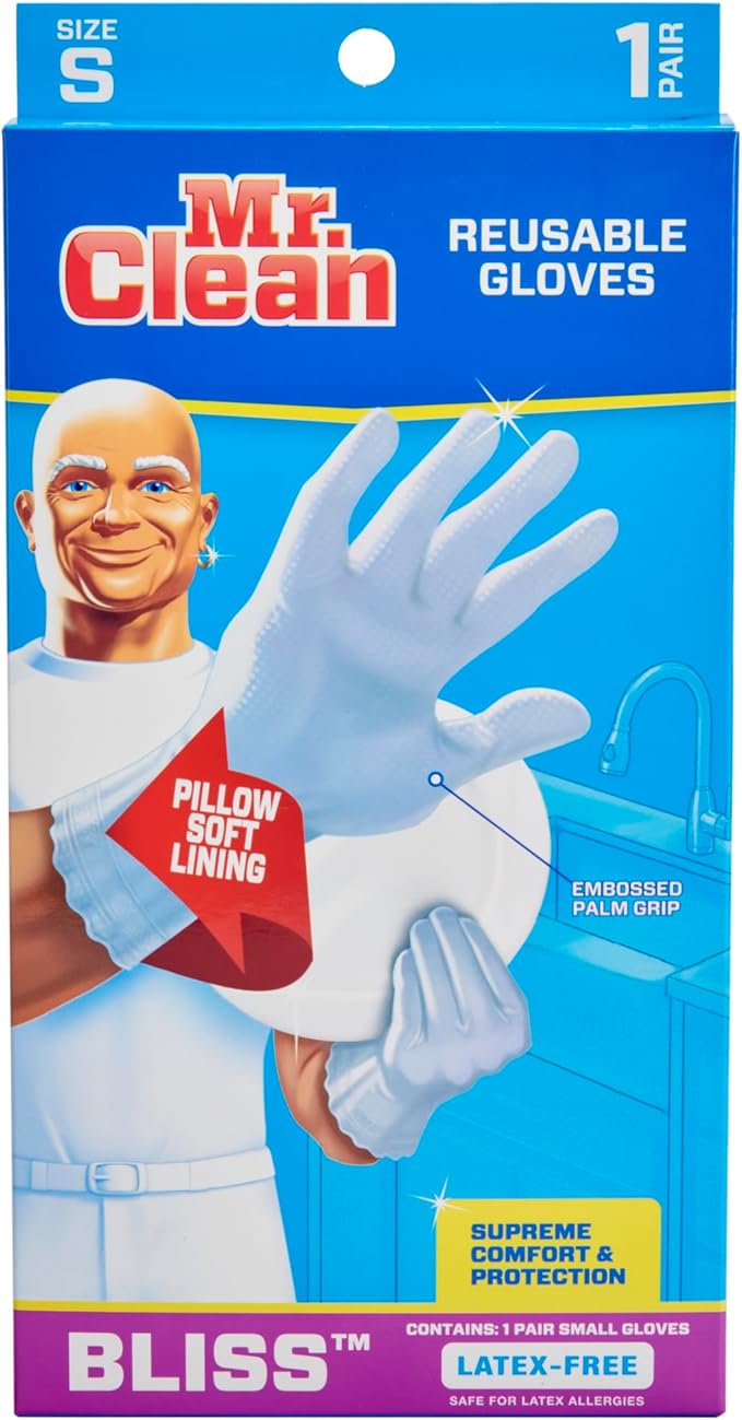 Mr. Clean, 243032 Bliss, Small Latex Free, Vinyl, Soft Ultra Absorbent Lining, Non- Slip Swirl Grip Gloves, (Small)