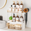 TasticTotes Bathroom Counter Organizer with Hairdryer Holder, 2-Tier 2-Drawer Shower Organizer for Skincare, Makeup Cosmetics, Large Capacity Vanity Organizer, Bathroom Decor, Valentine's Day(Amber)