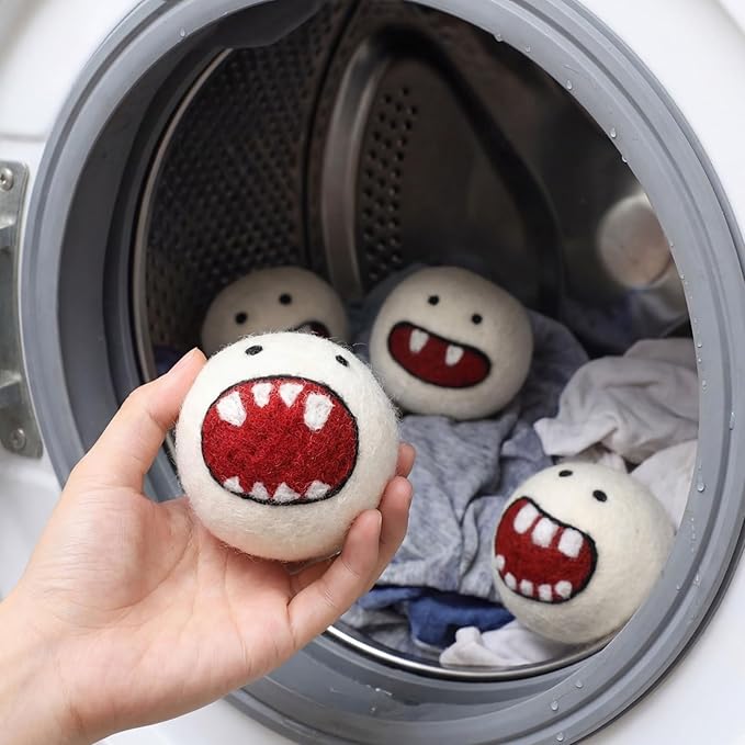 Soulchen 6 Pack Reusable Wool Dryer Balls with Cute Design, Laundry Accessories for Efficient Drying Soften Laundry Reduce Wrinkles Static Pet Hair Remover(Monster)