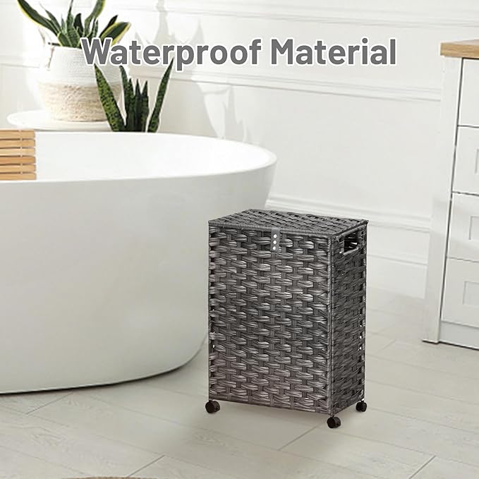 Hiagnete Toilet Paper Storage Basket with Lid and Wheels, Rattan Toilet Paper Holder Storage, Toilet Paper Organizer for Bathroom, Bedroom, Kitchen, 12.6”L x 7.1”W x 17.14”H, Grey