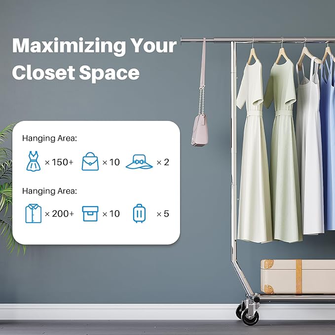 HOKEEPER Clothes Rack, Rolling Clothing Racks for Hanging Clothes, Portable Clothes Rack with Lockable Wheels, Commercial Heavy Duty Garment Rack for Bedroom, Living Room, Laundry, Balcony Collapsible