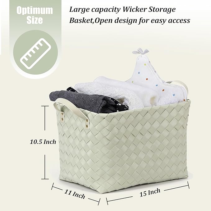 BROWNLILY Handwoven Clothes Basket Laundry Hampers Large Wicker Storage Baskets for Shelves Blankets Closet Storage Bins Car Bedroom Bathroom Organizers and Storage Bath (Pack of 4, Green)