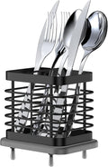 2 Slots Utensil Holder for Kitchen Counter, Small Stainless Steel Cutlery Holder Organizer with Drying Diatomaceous Earth Base, Utensil Drying Rack Spoon Fork Organizer Crock Storage, Black