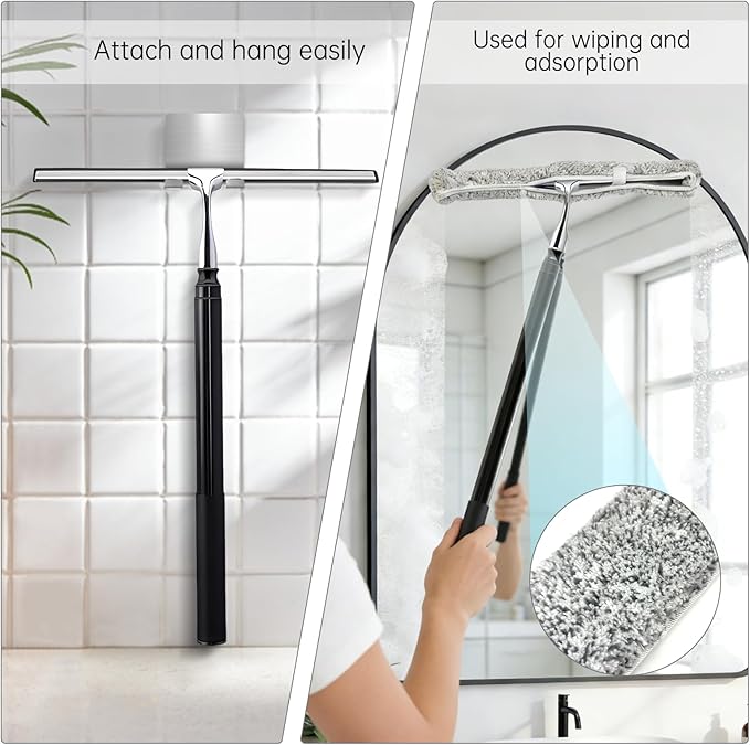 Squeegee for Shower Glass,Shower Squeegee for Glass Doors,Telescopic Window Squeegee for High Windows,Includes Towel Sleeves,Replacement Silicone Blade&Hooks,2 in 1 Queegee for Window Cleaning Kit