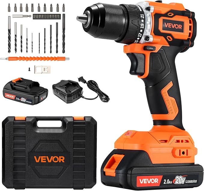 VEVOR Cordless Drill Driver, 1/2 inch Metal Chuck, Brushless Motor, Dual-Speed Variable, Drill Driver Kit with Lithium Battery and Charger, Tool Box, for Wood and Metal Drilling, Screw Driving