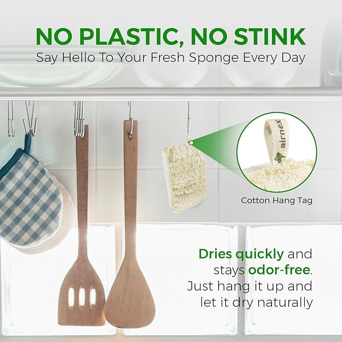 Natural Loofah Sponges for Dishes - Pack of 6 Plastic Free Loofah Kitchen Sponges with Cellulose Core & Cotton Loop - Non Toxic Natural Sponges for Dishes & Kitchen Cleaning