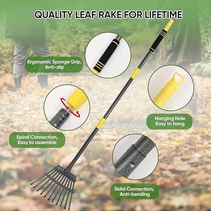 Garden Leaf Rakes, 6FT Rakes for Lawns Heavy Duty 11 Metal Tines 9 inch Wide, Adjustable Long Steel Handle, Small Shrub Rake, Gathering Leaves (Black)