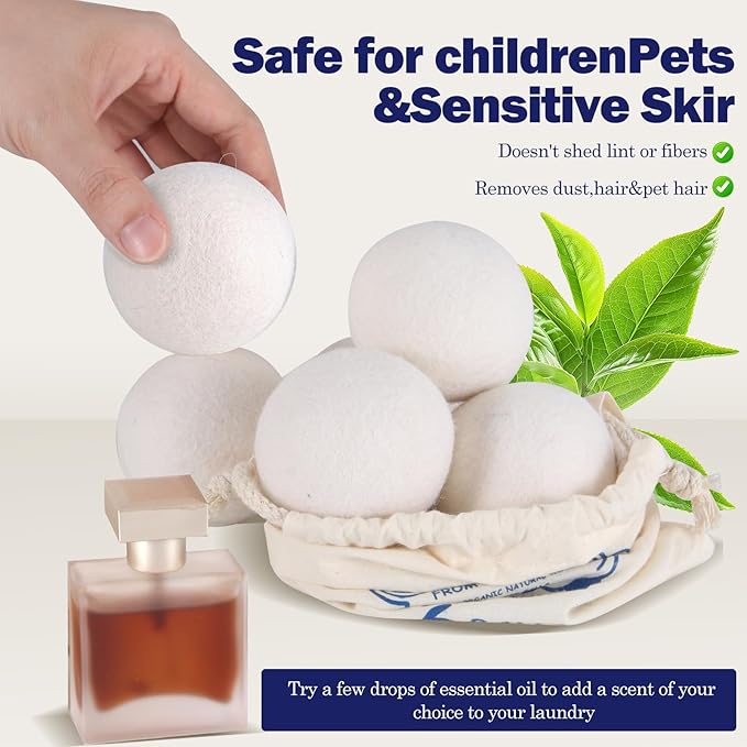 Wool Dryer Balls (2.4")6-Pack, Dryer Balls Laundry Reusable, Natural Fabric Softener, Reduces Clothing Wrinkles, Cuts Drying Time, A More Effective Alternative to Plastic Balls and Liquid Softeners