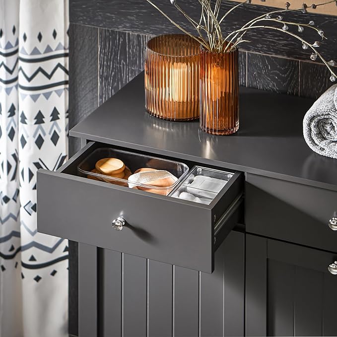 Haotian Tilt-Out Bathroom Laundry Cabinet Hidden Hamper Organizer with Double Baskets and Drawers Storing Unit Storage, Grey BZR33-DG