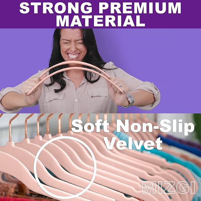 MIZGI Premium Velvet Hangers (50 Pack) Heavy Duty - Non Slip Felt Hangers - Blush Pink - Rose Gold 360 Degree Swivel Hooks,Space Saving Clothes Hanger,Durable Strong Hanger for Suits,Coats,Dress