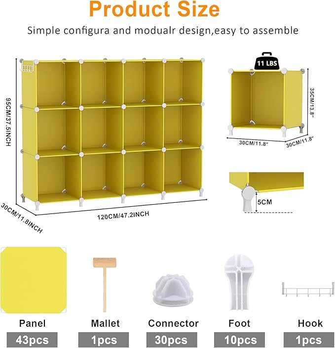 AWTATOS Cube Storage Organizer, Storage Cubes Shelves, 12 Cube Closet Organizers and Storage, DIY Stackable Bookshelf Plastic Clothes Organizer Shelving for Bedroom, Home,Yellow