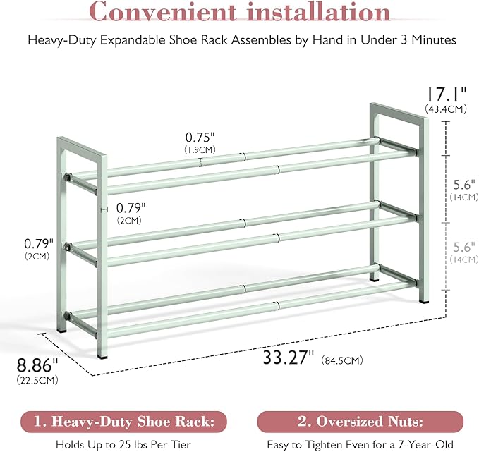 Bumusty 3-Tier Expandable Shoe Rack for Closet, 18“-33” Adjustable Shoe Rack for Small Space, Small Shoe Organizer for Front Door, Sturdy Metal, Green