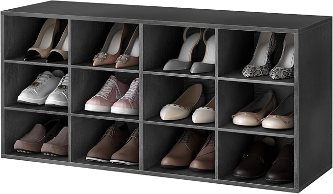 Garden 4 you Shoe Storage Bench, Cubby Shoe Rack with 12 Cubbies, 3-Tier Wood Shoe Rack Organizer, Shoe Organizer Cabinet for Entryway, Hallway, Closet and Garage, Black