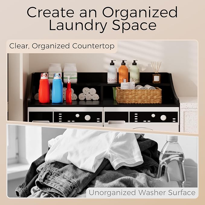 OAKHAM HOME 2-Tier Washer Dryer Countertop, 54" x 27.6" Washer Dryer Topper with Storage Shelf and Non-Slip Pads for Laundry Room Organization, Black