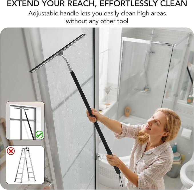 Shower Squeegee with Long Handle, 15-51" Telescopic Squeegee for Window Cleaning, Shower Squeegee for Glass Doors, Extendable Window Cleaner Tool for Tile Walls, Sliding Door, Floor, Car Windshield