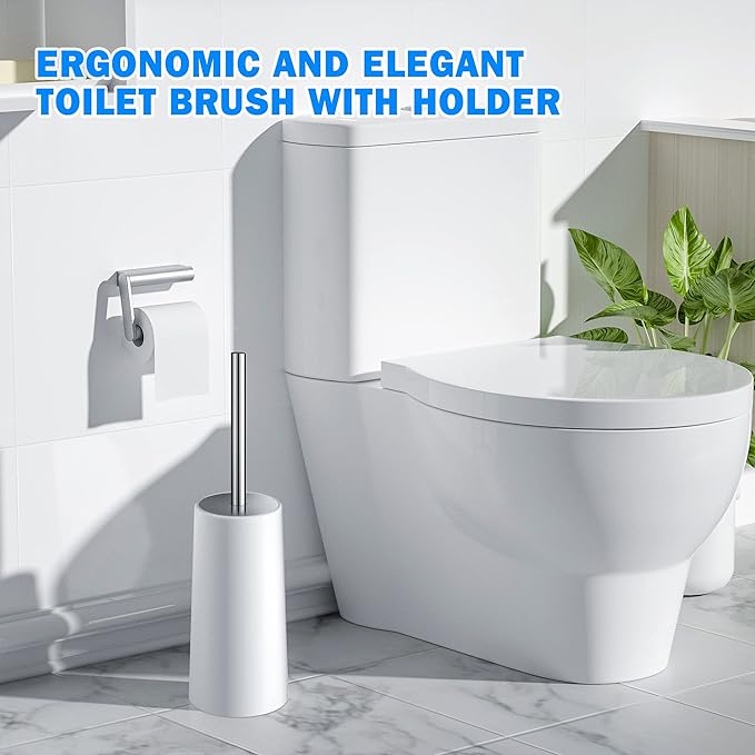 Toilet Brush and Holder, 2 Pack Toilet Brush with 304 Stainless Steel Long Handle, Toilet Bowl Brush for Bathroom Toilet-Ergonomic, Elegant,Durable (White)