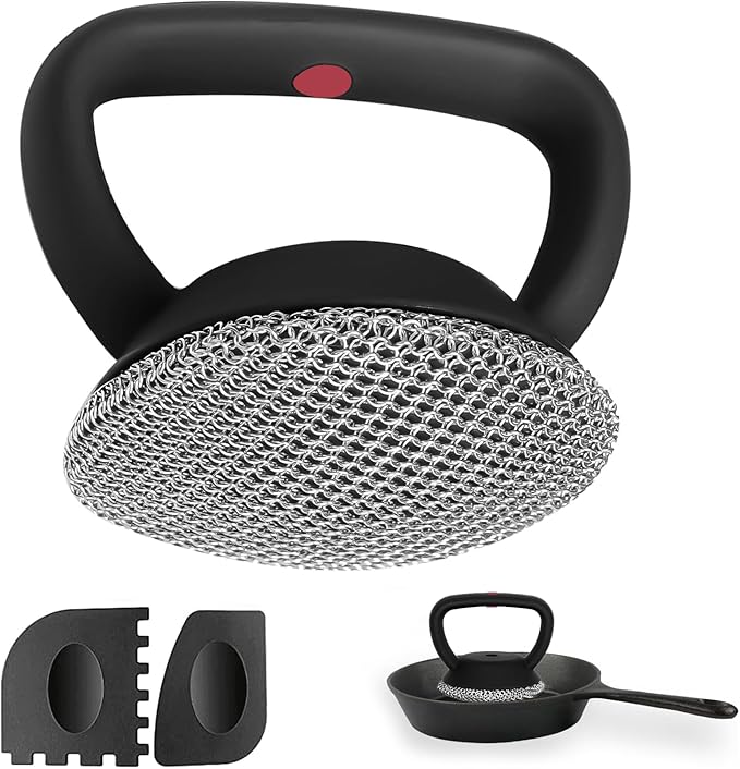 MEIXINZHI Cast Iron Cleaner, Chain Mail Scrubber & Pan Grill Scrapers - 2 in 1 Cast Iron Skillet Cleaner (Black, Without mat)