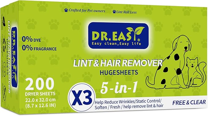 Dr.Easy LINT & HAIR REMOVER Pet HUGESHEETS with 3X Dryer Sheets, Free & Clean, 200 Count,PLANT&MINERAL-BASED FORMULA