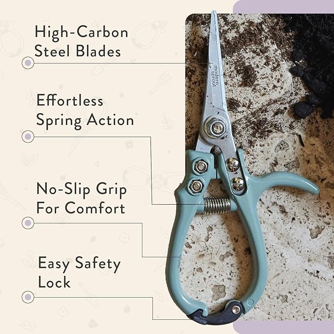 Modern Sprout Hand Pruners & Shears Set with Blister Pack - Lightweight Gardening Tools with Easy Lock - Sharp Carbon Steel Blades -Rust Resistant Scissors for Herbs, Flowers - Lavender