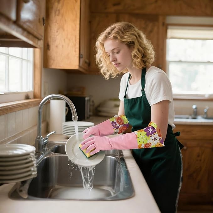 Bamllum 2 Pairs Rubber Cleaning Gloves, Household Kitchen Dishwashing Gloves with Cotton Flocked Liner, Long Cuff 16 Inches (Yellow+Pink, XL)