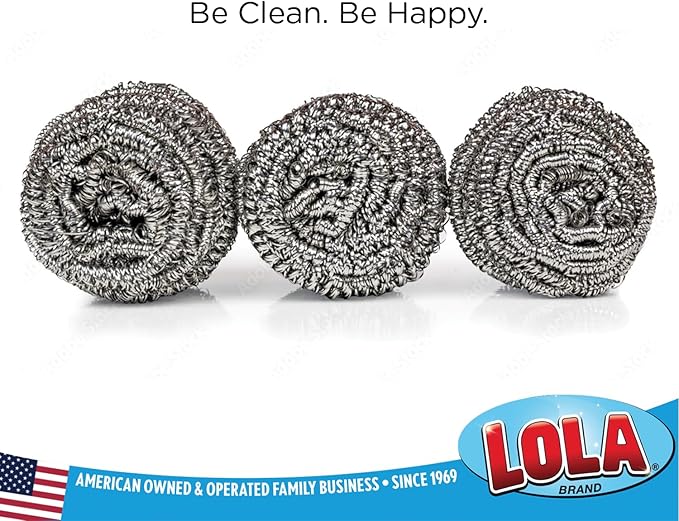 Stainless Steel Wool Scourer -Jumbo Sized- 2 Pack, 35 Grams, by LOLA, Curled Flat Wire, Cleans Caked On & Baked On Messes on Cookware