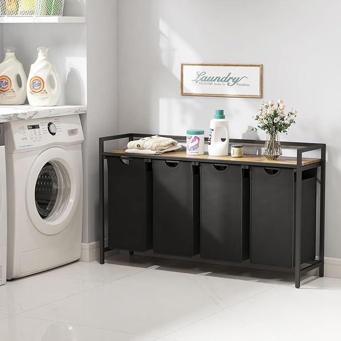 Lifewit Laundry Hamper 4 Section, 168L Pull out Laundry Clothes Basket Organizer with Large Top Shelf and 4 Removable Bags and Handles for Laundry Room Bedroom Bathroom, Black with A Shelf