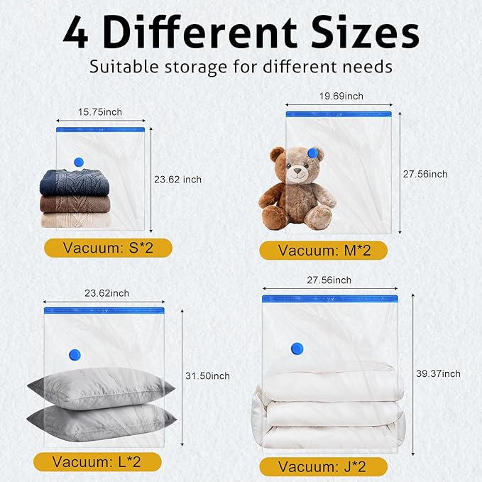 8 Pack Travel Vacuum Storage Bags 4 Size(24/28/32/40 Inch), Portable Vacuum Seal Bags for Clothing Travel with Pump, Space Saver Bag for Luggage Suitcases Clothes Bedding Seasonal Storage