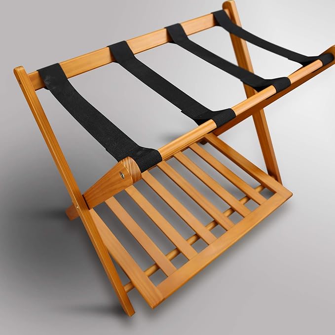 Casual Home Foldable Solid Wood Fully-Assembled Luggage Rack, 26.75"Wide with Shelf, Honey Oak