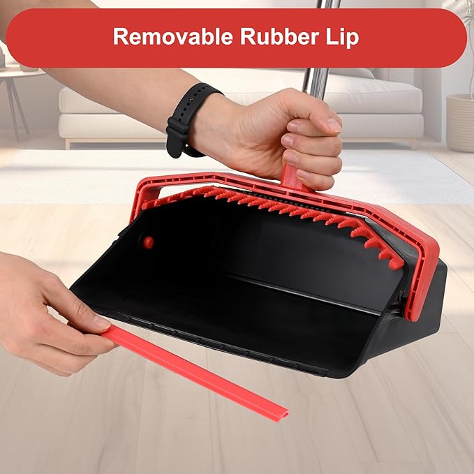 Large Upright Broom and Dustpan, Heavy Duty Dust Pan with 51" Long Handle for Indoor Outdoor Garage Kitchen Room (Black and Red)