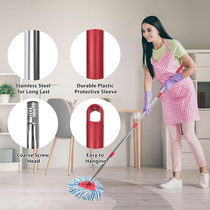 Spin Mop Replacement Set for O-Ceda 2-Tank System, Includes 2 Mop Head Replacement, 1 Mop Handle (30-58in Adjustable 4-Section Pole), 1 Spin Base
