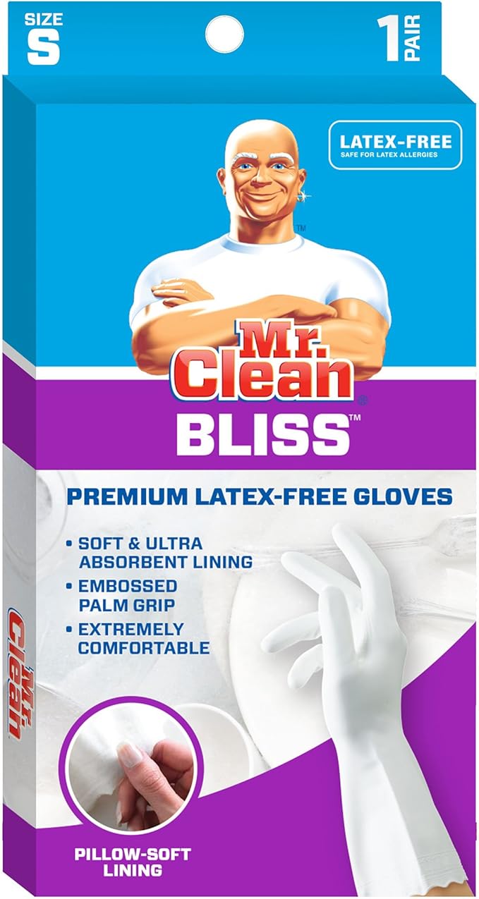 Mr. Clean, 243032 Bliss, Small Latex Free, Vinyl, Soft Ultra Absorbent Lining, Non- Slip Swirl Grip Gloves, (Small)
