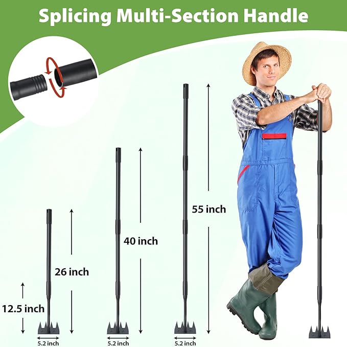 Manual Weeder Tool,4 Tines Garden Weeding Rake with Sharp Blade,55 Inch Long Handle,Heavy Duty Stand Weeding Tool for Weeding Loosening Soil Gathering Leaf Leveling Thatch Rake