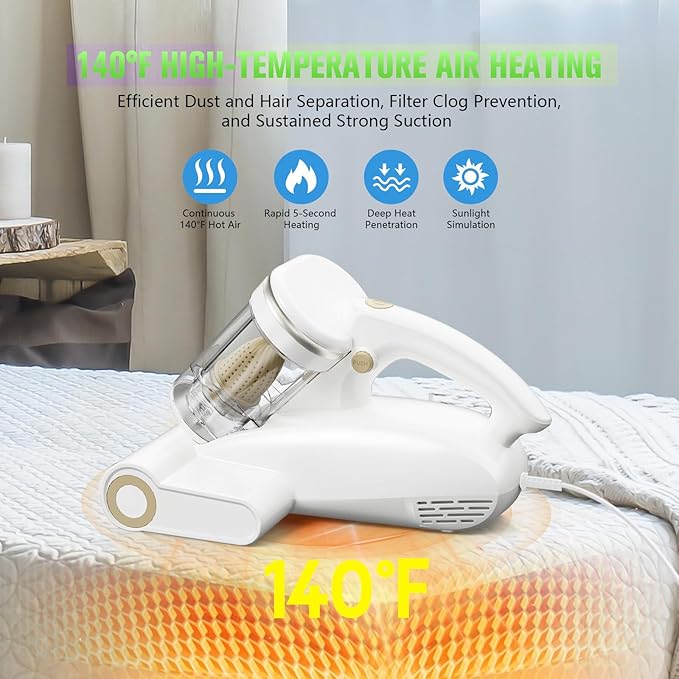 Bed Vacuum Cleaner Mattress Vacuum Cleaner,16Kpa Powerful Handheld Vacuums with UV-C Light & Double Dust Cup & High Heating & Ultrasonic & HEPA Filter for Bed Sofa(Corded,Beige White)