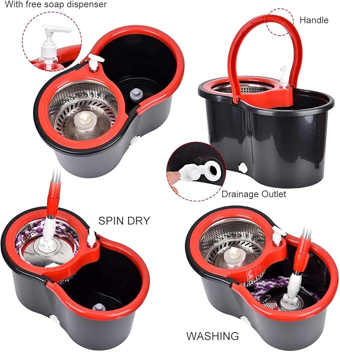 Mop Bucket with Wringer Set, 360 Rotation Mop Bucket Systerm for Floor Cleaning with 3 Microfiber Mop Head for Office and Home Use, Black (20QT)