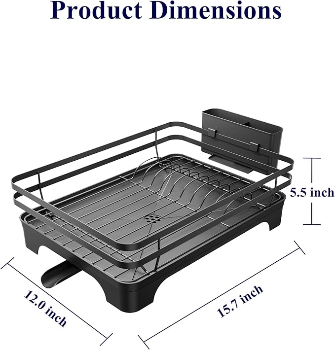 Kitsure Dish Drying Rack - Multi-Functional Dish Rack for Kitchen Counter with Cutlery Holder, Rust-Proof Storage Solution with Rotatable, 15.7" x 12.0" x 5.5", Black
