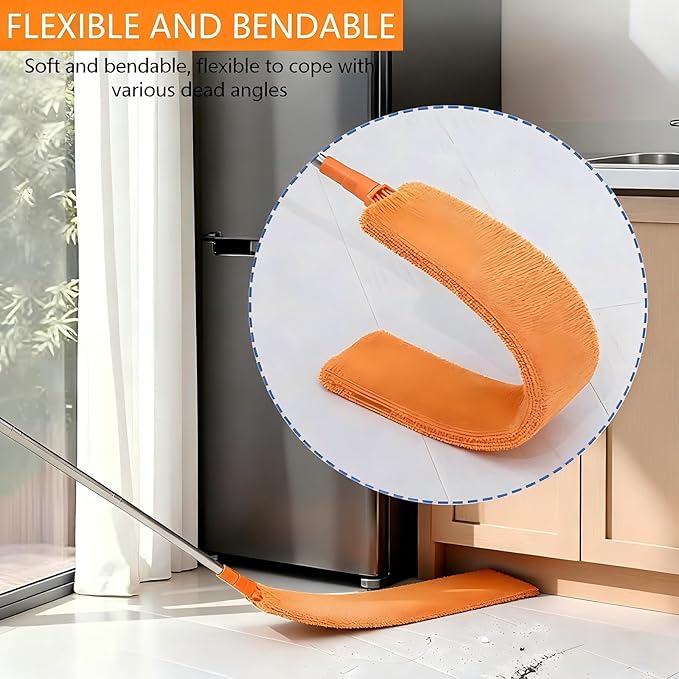 Retractable Gap Feather Duster with 3 Washable Microfiber Cloths, Extendable Cleaning Tool with Long Extension Pole 110 Inch, Under Appliance & Furniture Duster for Home Cleaning (Orange)