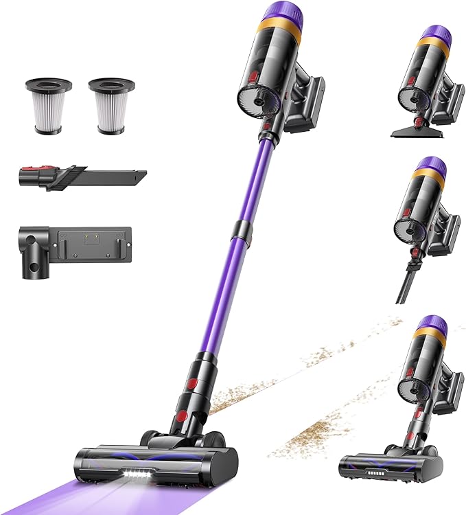 TVTAU Cordless Vacuum Cleaner, 620W 55KPA 75Mins Runtime Stick Vacuum with Self-Standing, LED Display, V-Shape Anti-Tangle Brush, 8-Stage Filtration, for Hardwood Floors Carpets Pet Hair, T10 Pro