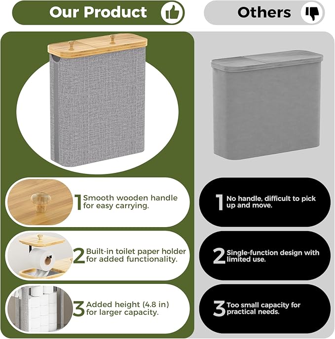 42L Toilet Paper Basket with Bamboo Lid, Toilet Paper Storage with Toilet Paper Holder & Non-Slip Mat for Bathroom Organizer, Holds up to 19 Regular Rolls or 14 Mega Rolls, Collapsible & Stackable