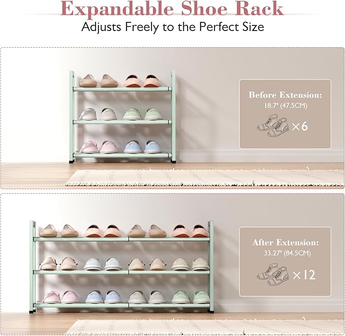 Bumusty 3-Tier Expandable Shoe Rack for Closet, 18“-33” Adjustable Shoe Rack for Small Space, Small Shoe Organizer for Front Door, Sturdy Metal, Green