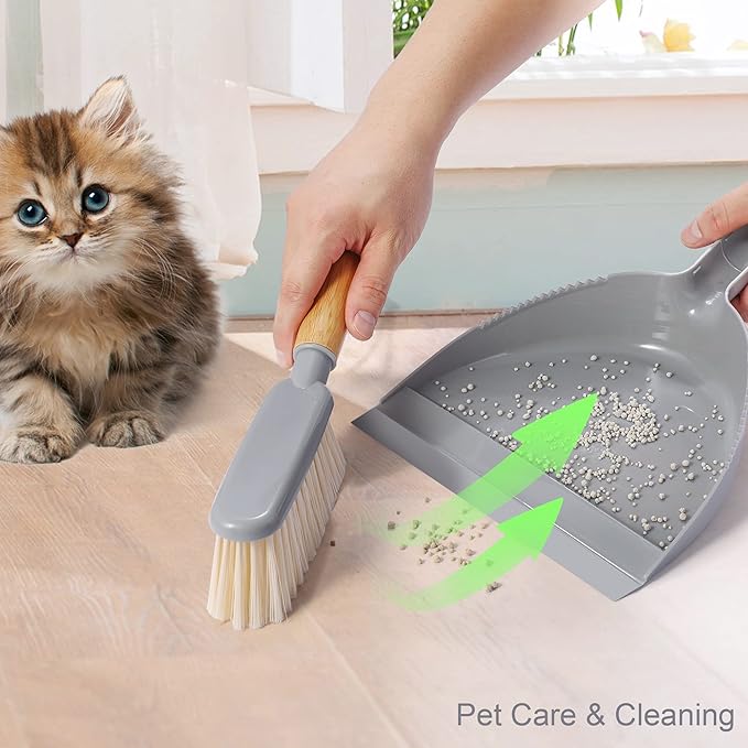 Small Dustpan and Brush Set - Mini Broom with Dustpan Set, Handheld Broom and Dust Pan Combo Set for Home, Pet Care, Car, 14 x 8.7 inch, Grey