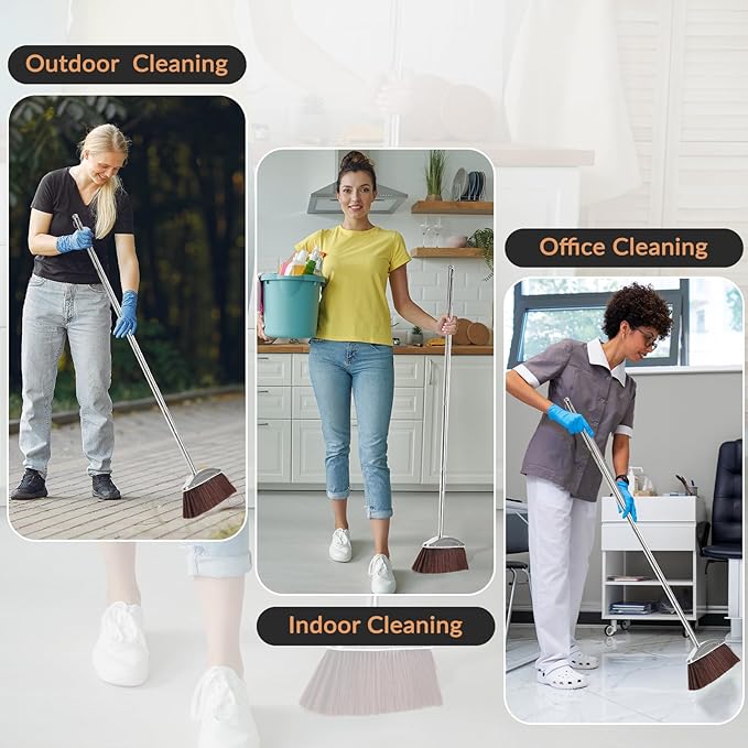 VOOWO Broom with Dustpan Combo Set, 46" Stainless Steel Broom and Dustpan Set for Home, Heavy Duty Dust Pan with Long Handle, Broom for Sweeping Indoor and Outdoor, Kitchen Broom and Dust Pan (Brown)