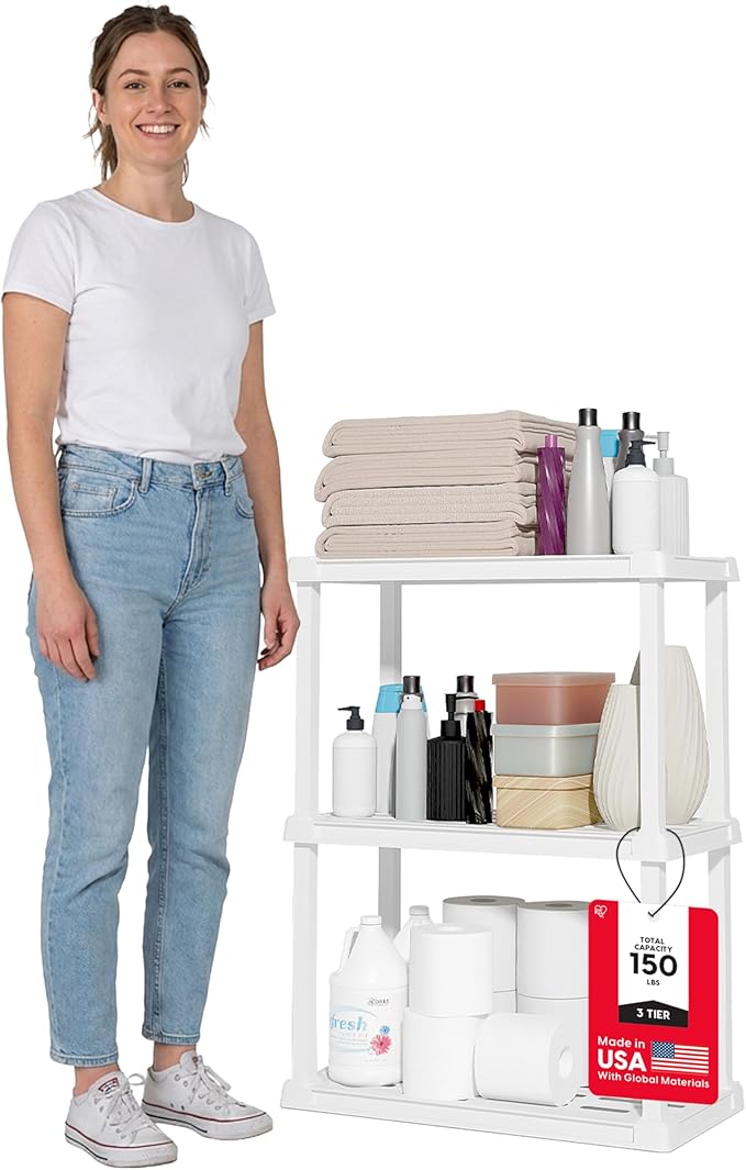 IRIS USA 3-Shelf Light Duty Plastic Storage Shelves, 150lb Capacity, 33" H x 24" W x 12" D, Medium Modular Shelving Unit Storage Organizer for Bathroom, Laundry, Garage & Home, Storage Rack - White
