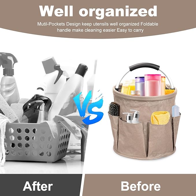 Qivine 17L Cleaning Caddy with Handle, Cleaning Supply Caddy, Foldable Tool Bag Cleaning Products Organizer, Portable Cleaning Bucket Caddy for Cleaning Supplies (Khaki)