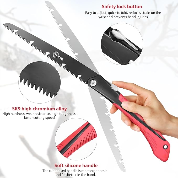 Folding Camping saw 10 inch – SK9 High-Carbon Steel TEFLON-Coated Rust-Resistant, 2 Locking Positions, Hand Saw for Garden Tree Limbs, Wood Cutting & Outdoor Camping (2 Extra Blades)