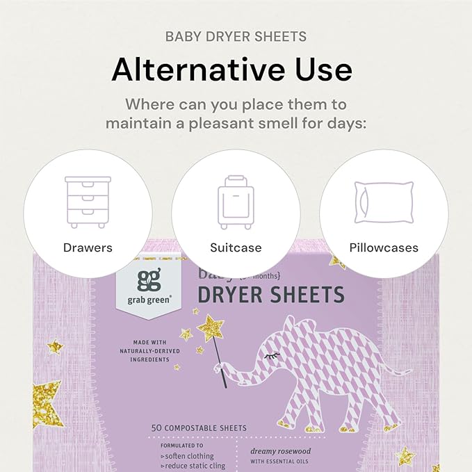Grab Green Baby Laundry Dryer Sheets, 160 Sheets, Dreamy Rosewood Scent, Plant and Mineral Based, Compostable, Softens Clothing and Linens, Reduces Static Cling