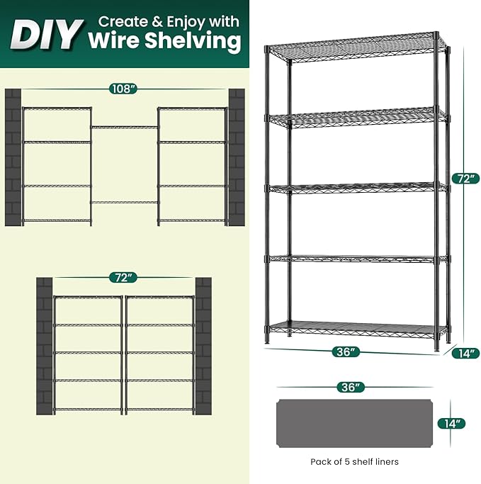 5-Tier Storage Shelves 72" H Wire Shelving, Adjustable Metal Shelving Pantry Shelves, 1325LBS Heavy Duty Rack with Shelf Liners for Garage Commercial Kitchen, 36" W x 14" D x 72" H, Black