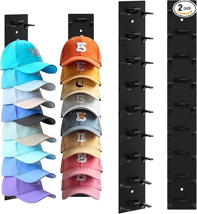 Hat Organizer for Baseball Caps, 2 Pack Hat Rack for Wall Hold up to 18 Hats Strong Adhesive Hat Hooks Stand Multilayer Hat Hanger Organizer Storage Holder Display for Door Closet Bedroom（Black)