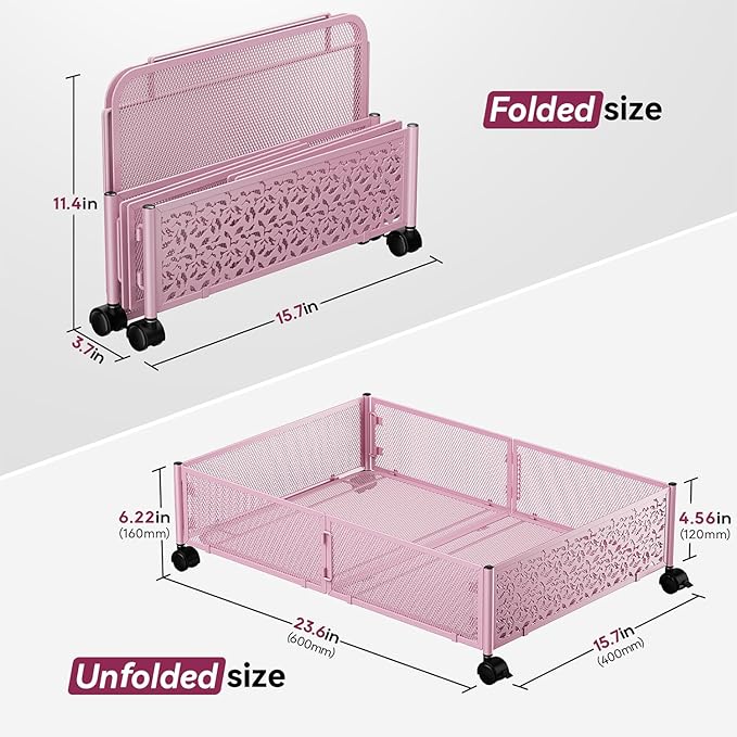 PHINOX Under the Bed Storage Containers with Wheels, Under Bed Storage, Under Bed Shoe Storage Organizer Drawer, Tool-free Assembly Metal Underbed Storage Containers -Pink