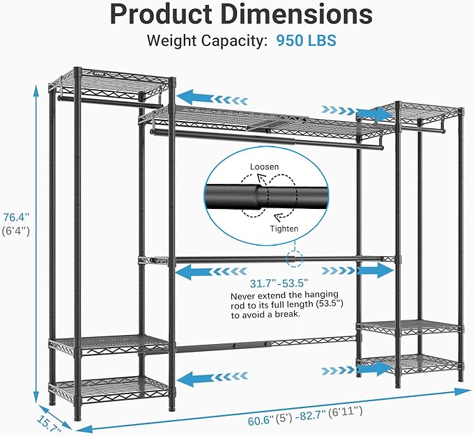 VIPEK X30 Expandable Clothes Rack Adjustable from 5' to 6'11", 950lbs Capacity Heavy Duty Portable Closet Wardrobe with 4 Hanger Rods & 7 Wire Shelves, Metal Closet System for Reach-in Closet, Black